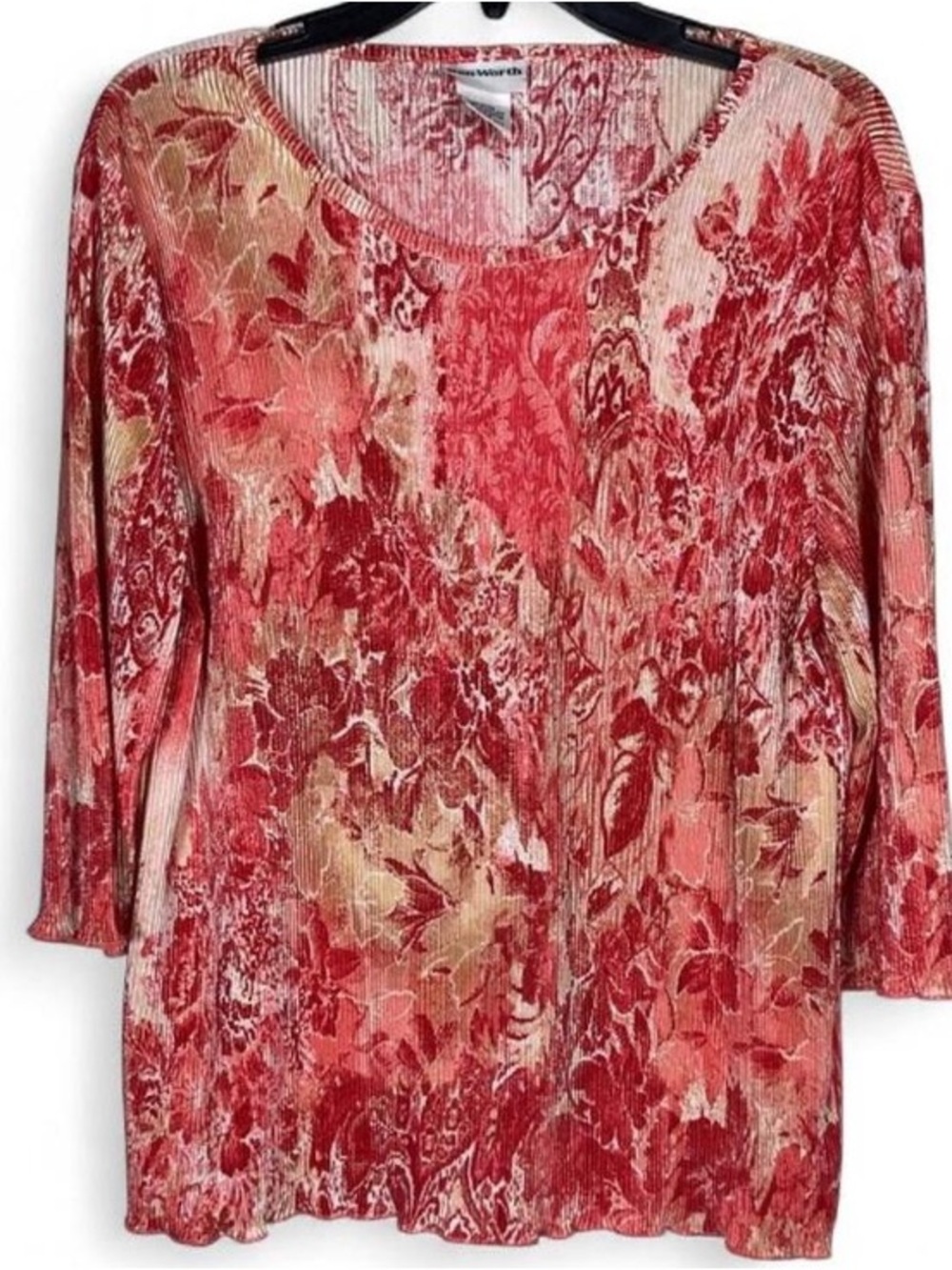 Bon Worth Red & Pink Floral Crinkle Knit Top - Size MP - 3/4 Sleeve BoHo Grandma
